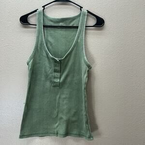 Aerie Women's Waffle Knit Henley Tank Green SZ M Basic Snap Button